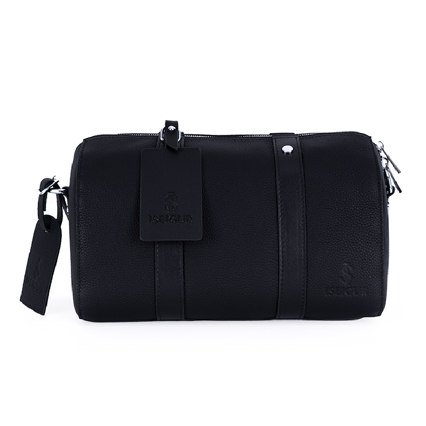 Iseigur Men's Black Pebbled Leather Cylinder Handbag Business Casual Textured Shoulder Bag