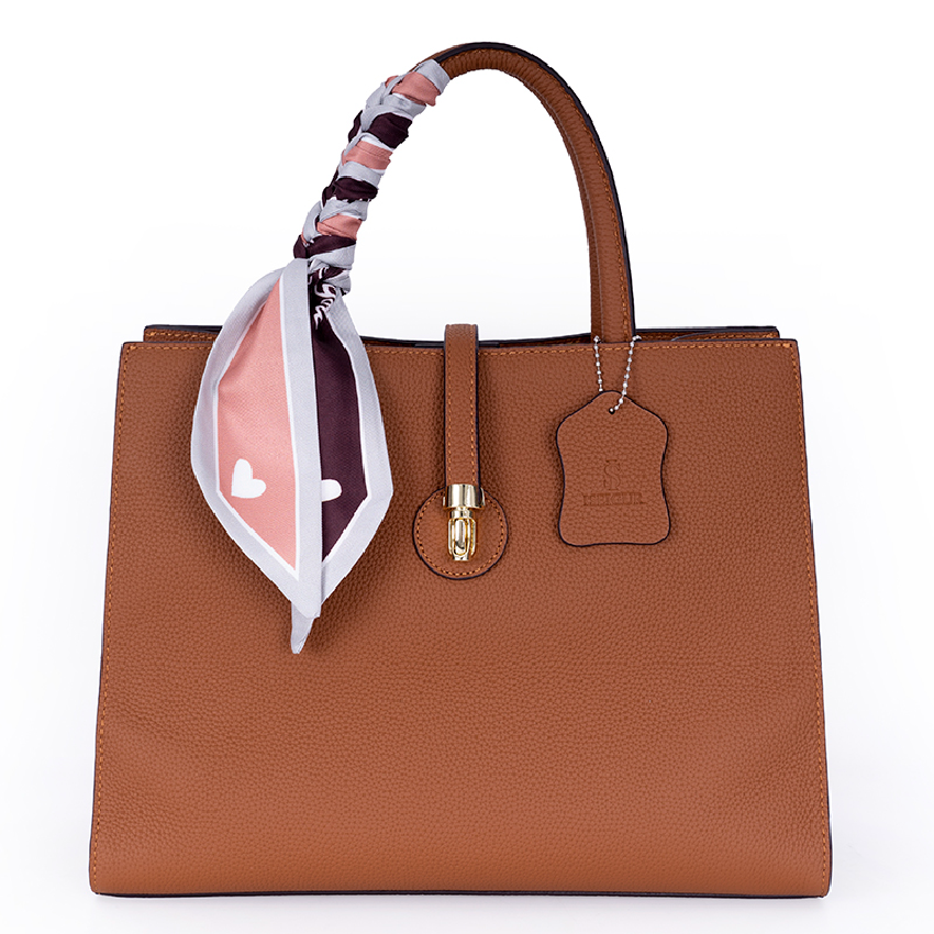 Iseigur Caramel Brown Genuine Leather Handbag with Heart-patterned Silk Scarf, Niche Design, Large Capacity, Versatile and High-quality Commuter Bag for Women