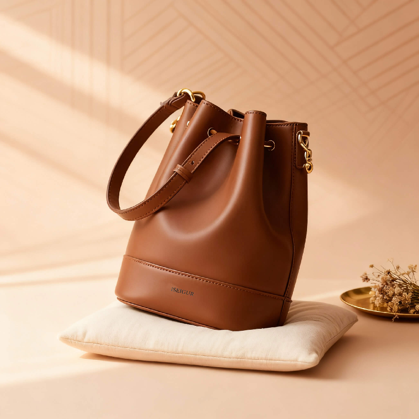 iseigur Minimalist Brown Bucket Bag, Calfskin Material with Gold Metal Hardware Niche High-End Shoulder Bag