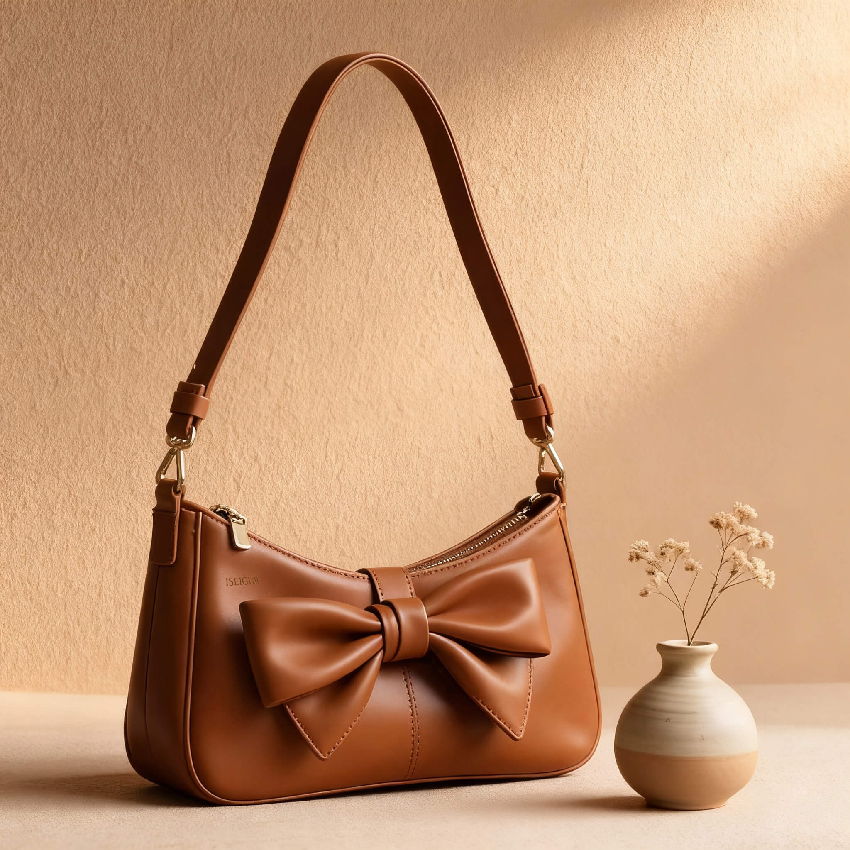 iseigur Bow-Embellished Underarm Bag, Brown Calfskin Adjustable Strap Niche High-End Shoulder Bag