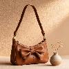 iseigur Bow-Embellished Underarm Bag, Brown Calfskin Adjustable Strap Niche High-End Shoulder Bag