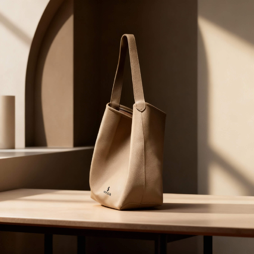 iseigur Light Beige Minimalist Tote Bag, Calfskin Material with Brand Embossed Logo Niche High-End Shoulder Bag