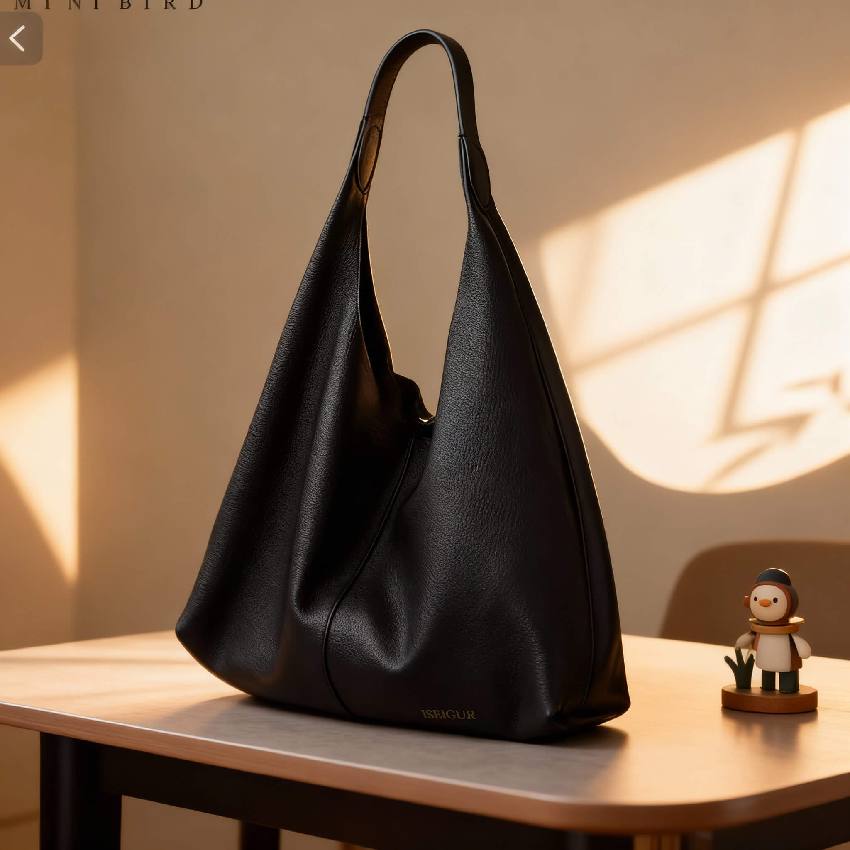 iseigur Black Soft Leather Large-Capacity Shoulder Bag, Brand Embossed Logo Niche High-End Women's Bag