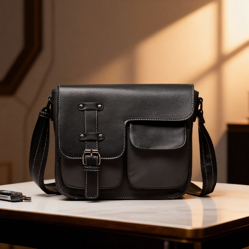 iseigur Black Buckle & Stitched Leather Crossbody Bag, Niche High-End Women's Bag