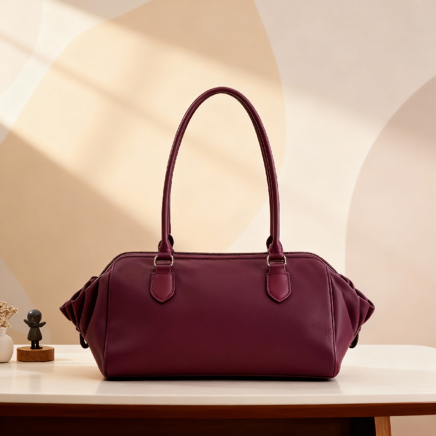 iseigur Burgundy Ruched Leather Handbag, Niche High-End Women's Bag